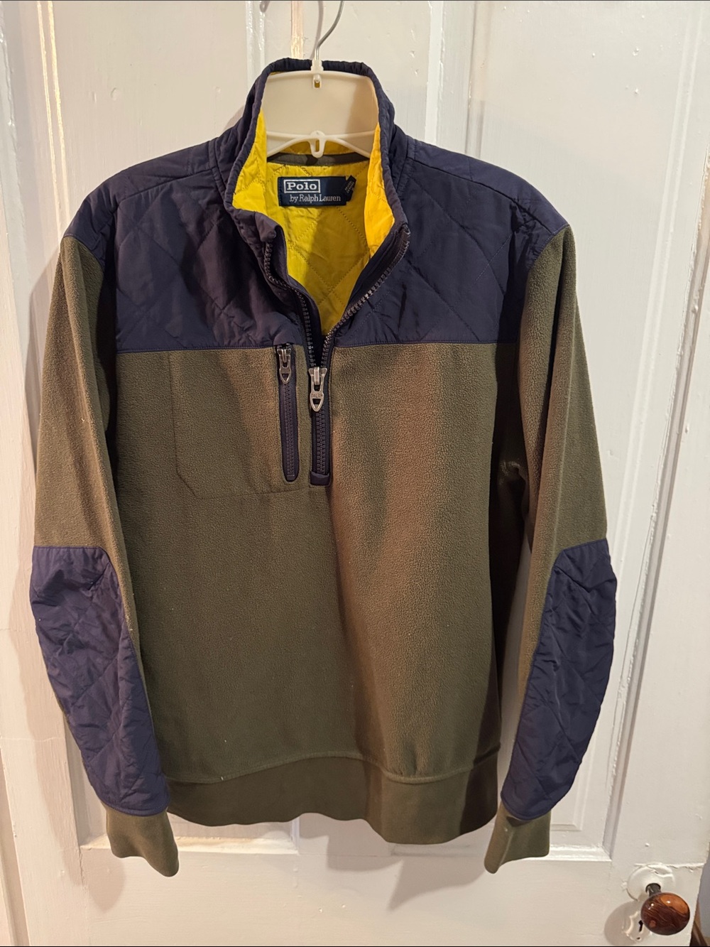 Ralph Lauren Olive Fleece Quarter-Zip with Quilted Forearm & Yoke Patches